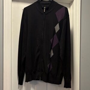 Elegant Black Zip-Up Sweater with Purple Accents